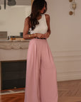 Pantalon femme rose coupe large taille élastique et ceinture assortie (vue 3)