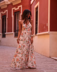 Robe Carlina longue imprimée fleurie col V dos tressé viscose