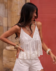 Top femme écru à bretelles avec sequins et perles argentées (vue 5)