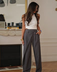 Pantalon femme gris coupe asymétrique taille élastique fluide Bonnie (vue 2)