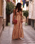 Robe longue Pénélope beige, fleurs rouges et lurex doré (vue 4)