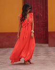 Ensemble Dayana corail top noué jupe longue asymétrique fluide