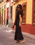 Robe longue Cléo noire à nouer à la taille (vue 7)