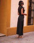 Robe femme noire asymétrique à fente manches courtes Roma (vue 6)