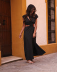Robe femme noire asymétrique à fente manches courtes Roma (vue 5)