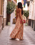 Robe longue Pénélope beige, fleurs rouges et lurex doré (vue 8)