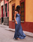 Robe femme longue bleu nuit satinée dos nu Zélia (vue 5)