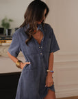 Robe en jean femme bleu marine manches courtes coupe droite (vue 7)