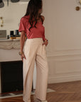 Pantalon femme beige coupe asymétrique taille élastique fluide (vue 7)
