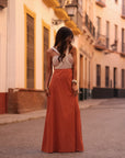 Robe femme longue terracotta avec haut à cordes écrues (vue 2)