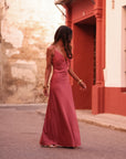 Robe femme longue rose terracotta col V Meryl (vue 5)