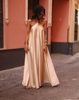 Robe longue Rozane beige satinée, bretelles à perles (vue 5)