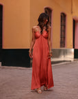Robe longue Zélia terracotta satinée, dos nu à nouer (vue 6)