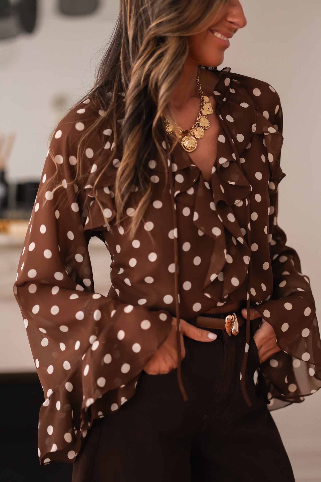 Blouse Maja à pois marron