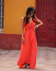 Ensemble femme corail top noué jupe longue asymétrique fluide (vue 2)