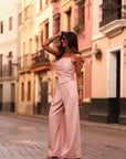 Ensemble femme rose poudré bustier asymétrique et pantalon large à pinces Pia