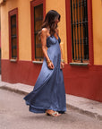 Robe femme longue bleu nuit satinée dos nu Zélia (vue 2)