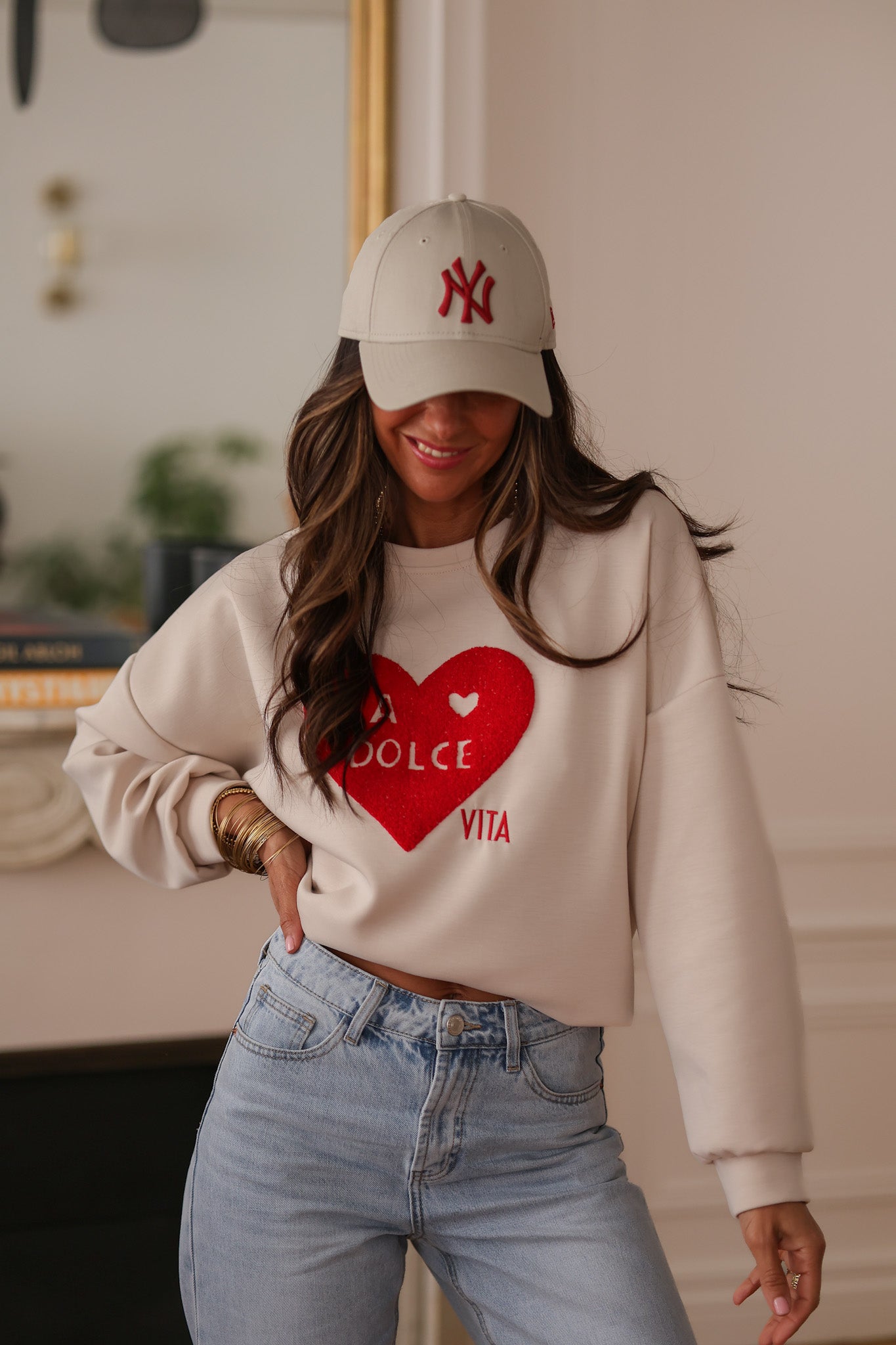 Sweat Femme BASIC EDITIONS Beige Col Ras Du Cou Taille L - Années 2000