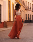 Robe femme longue terracotta avec haut à cordes écrues (vue 3)