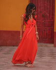 Ensemble femme corail top noué jupe longue asymétrique fluide (vue 4)