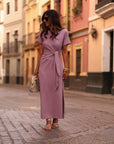 Robe longue Cléo parme à nouer à la taille (vue 3)
