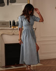 Robe longue femme en jean bleu clair col V boutonnée (vue 9)