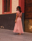 Robe femme rose asymétrique à fente manches courtes Roma (vue 5)