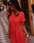 Robe longue Cléo rouge à nouer à la taille (vue 5)