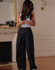 Pantalon femme bleu marine à rayures blanches taille élastique (vue 7)