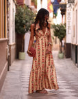 Robe longue Pénélope beige, fleurs rouges et lurex doré (vue 2)
