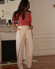 Pantalon femme beige coupe asymétrique taille élastique fluide (vue 2)