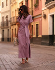 Robe longue Cléo parme à nouer à la taille (vue 5)