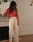 Pantalon femme beige coupe asymétrique taille élastique fluide (vue 4)