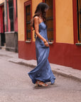 Robe femme longue bleu nuit satinée dos nu Zélia (vue 6)