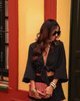 Ensemble femme noir top manches ballons noué short et bandeau coton Belize