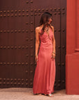 Robe femme longue rose terracotta col V Meryl (vue 3)