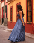 Robe femme longue bleu nuit satinée dos nu Zélia (vue 4)