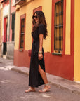 Robe longue Cléo noire à nouer à la taille (vue 8)