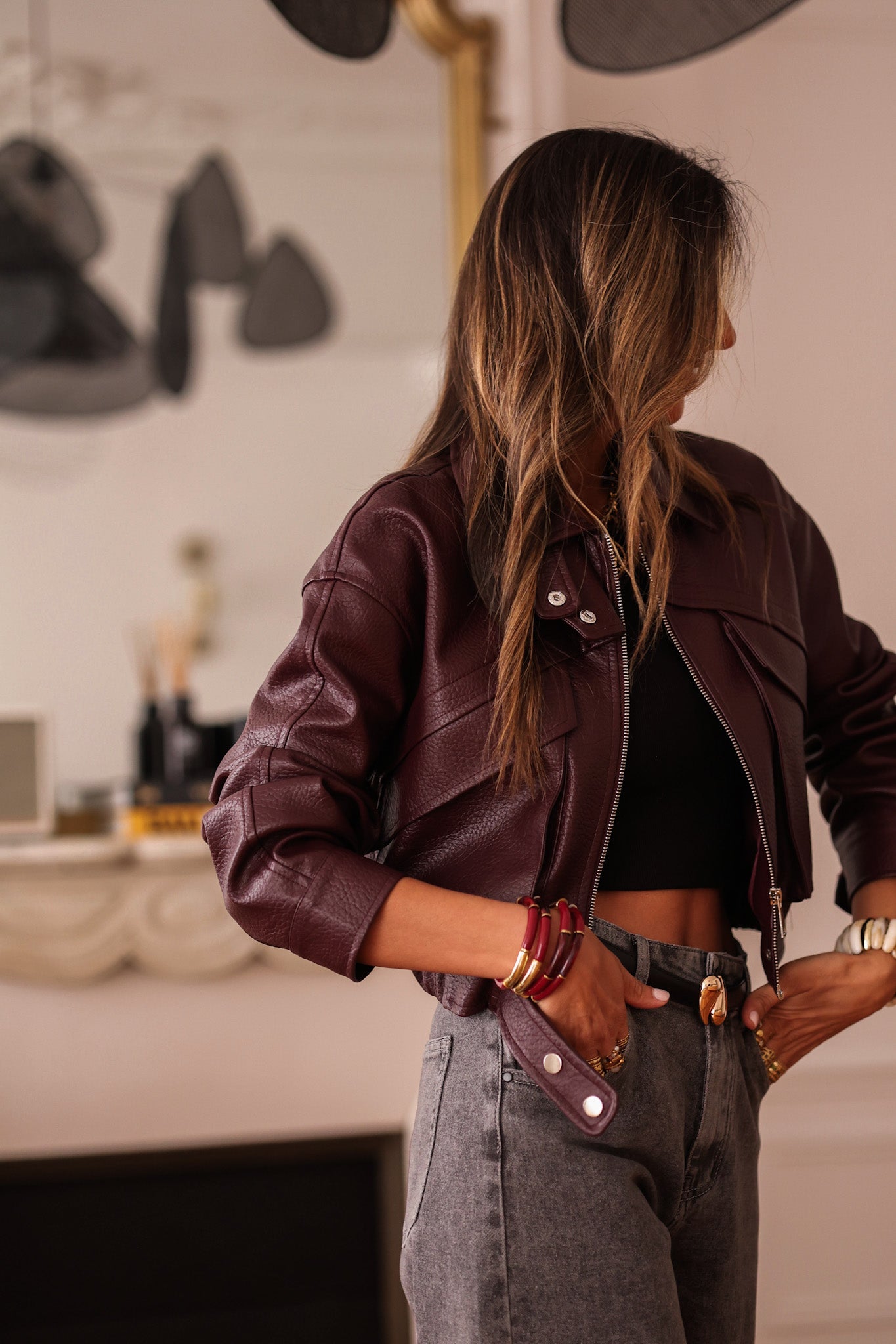 Perfecto Cuir Bordeaux Porter Une Veste En Cuir Cocolii Court