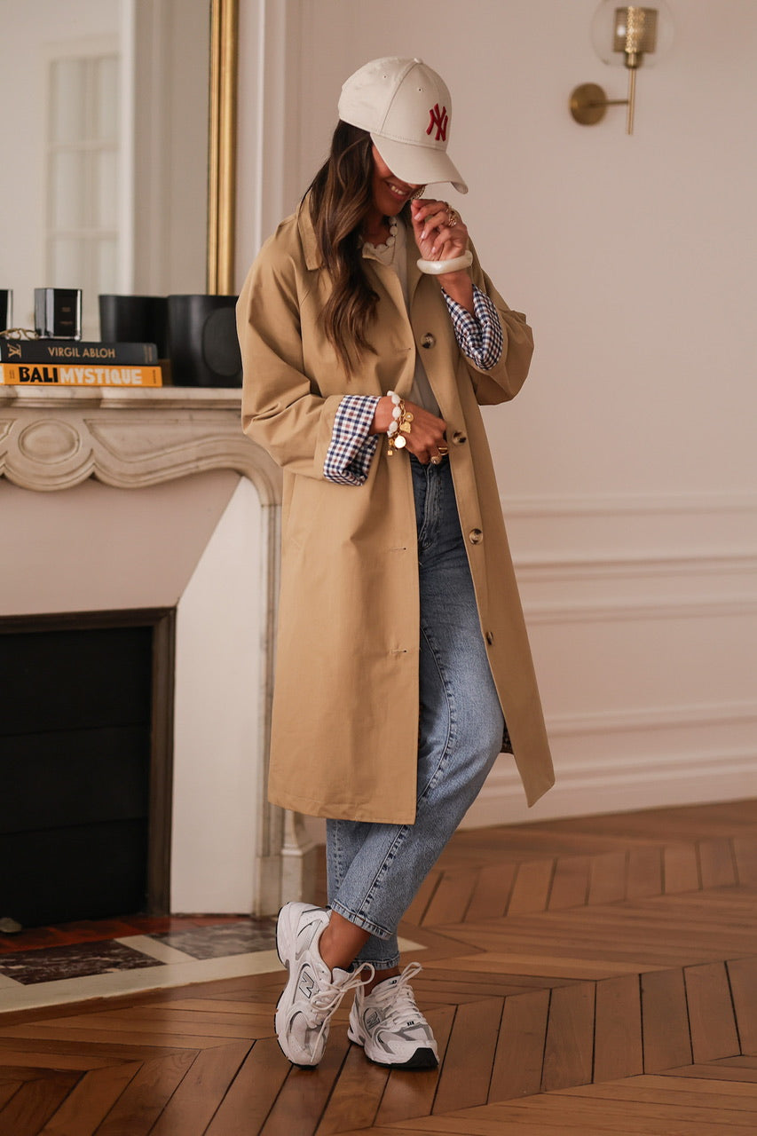 Trench femme beige coupe droite 100% coton Intérieur carreaux