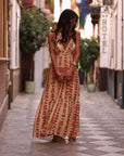 Robe longue Pénélope beige, fleurs rouges et lurex doré (vue 6)