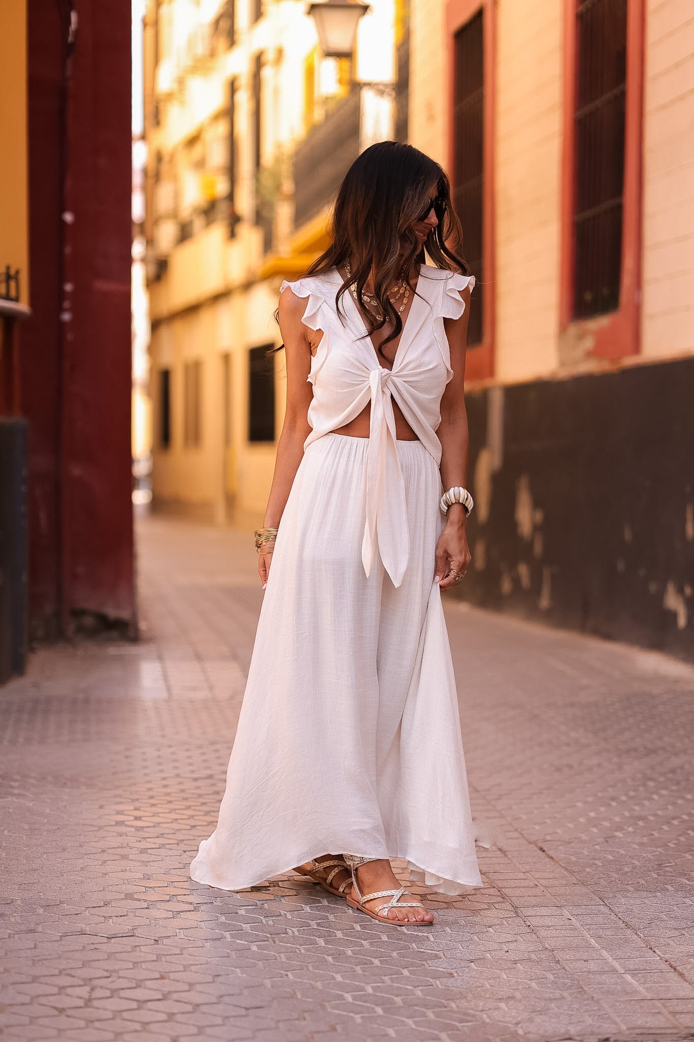 Ensemble femme écru top noué jupe longue asymétrique viscose (vue 7)