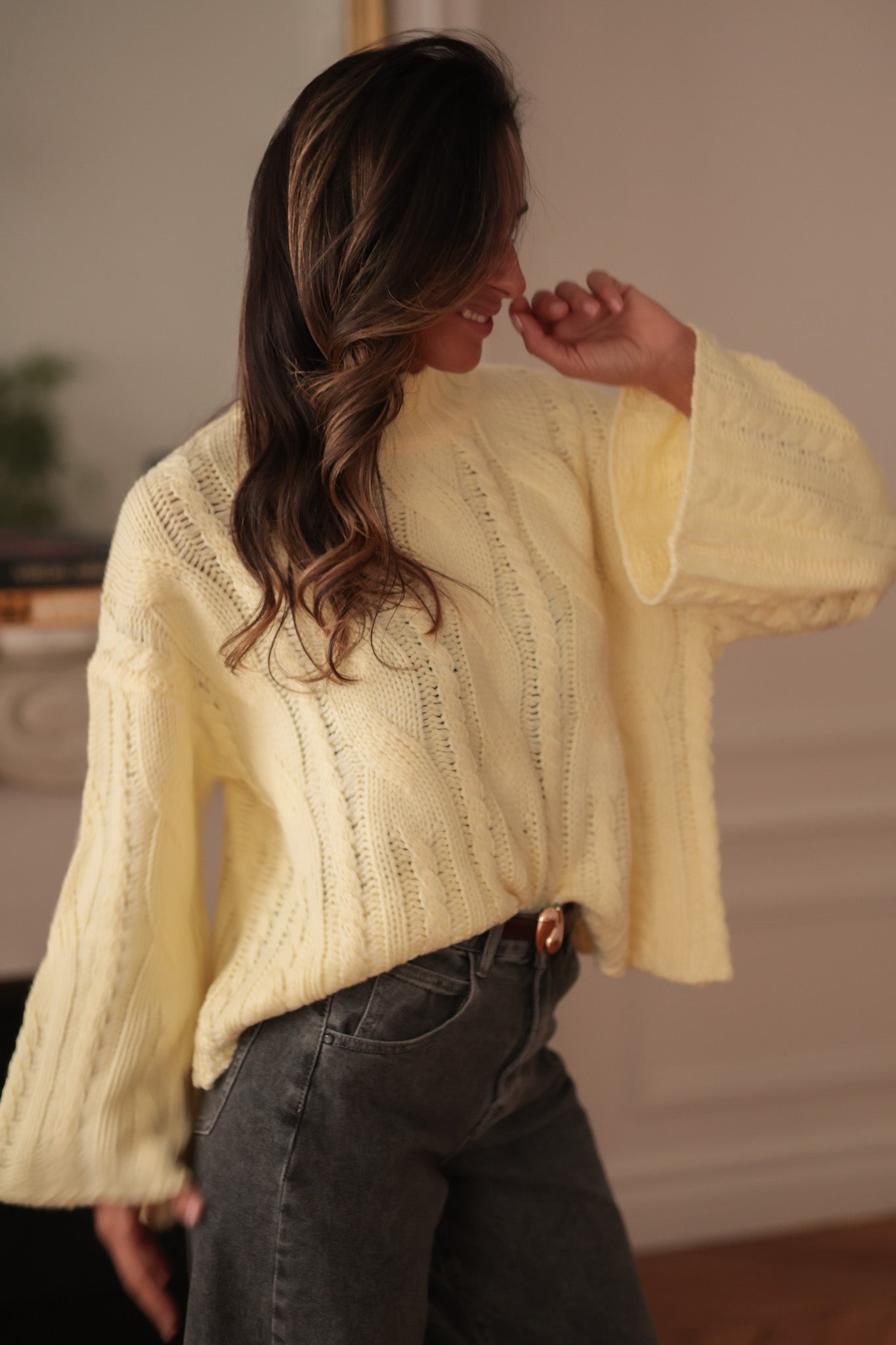 Pull femme jaune col montant torsadé taille unique (vue 7)
