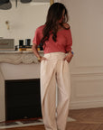 Pantalon femme beige coupe asymétrique taille élastique fluide (vue 3)