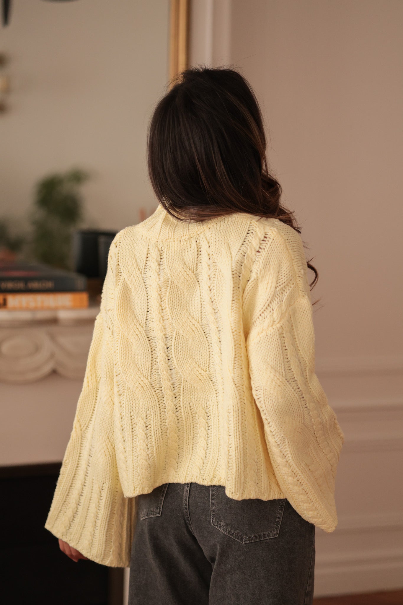 Pull femme jaune col montant torsadé taille unique (vue 9)