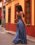 Robe femme longue bleu nuit satinée dos nu Zélia (vue 7)