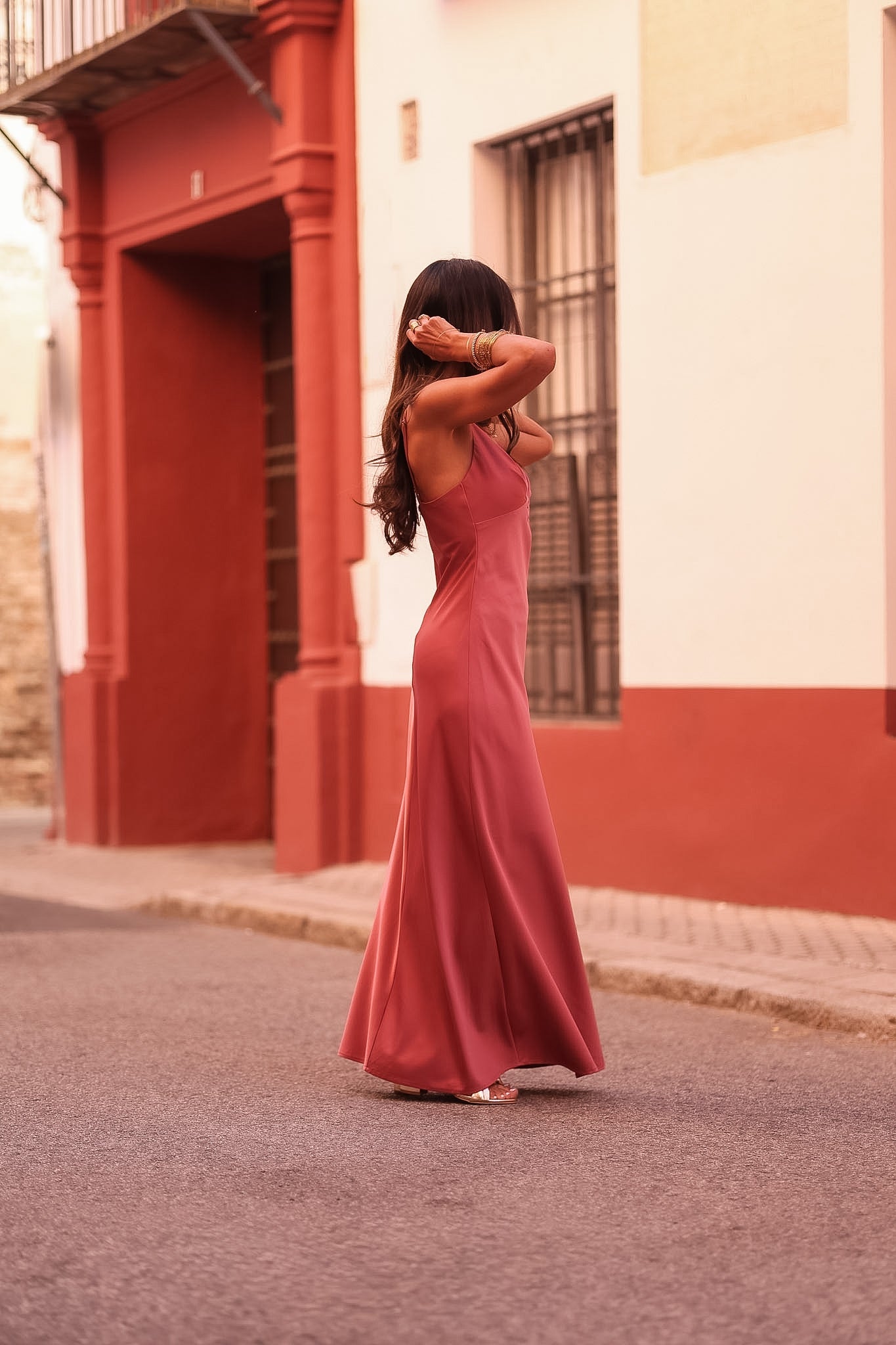Robe femme longue rose terracotta col V Meryl (vue 8)
