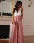 Pantalon femme rose terracotta coupe large taille ajustée (vue 8)