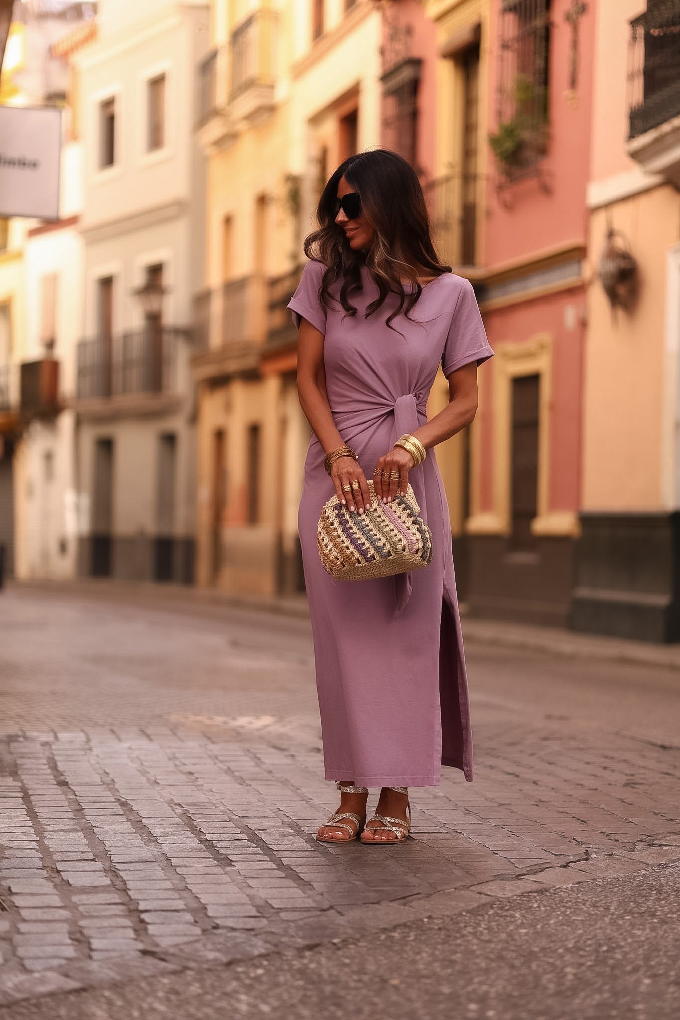 Robe femme parme longue col rond avec nœud à nouer et fente latérale Cléo