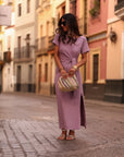 Robe femme parme longue col rond avec nœud à nouer et fente latérale Cléo